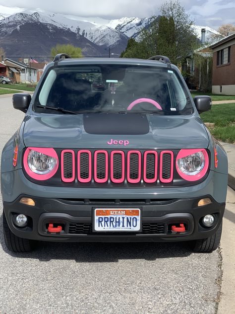 My Jeep Renegade getting a little cuter every day. Pink P!nk PINK Pink Jeep Renegade, White Jeep With Pink Accents, Jeep Renegade Mods, Jeep Renegade Aesthetic, Jeep Renegade Accessories, Small Jeep, Car Manifestation, Jeep Pink, Jeep Renegade Trailhawk