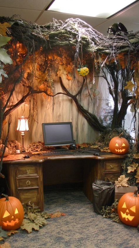 Transform your office into a ghostly realm with ethereal Halloween decorations. Hang sheer white curtains in doorways for a spectral effect. Create floating ghost clusters using helium balloons and cheesecloth. Use pale blue LED lights to cast an otherworldly glow. Set up a spirit photography station with vintage cameras and spooky backdrops. Replace normal name tags with tombstone-shaped versions. These haunting touches will create a unique and atmospheric Halloween experience for all. Halloween Lab Decorations, Halloween Decor Office Ideas, Halloween Desk Decorating Contest, Haunted House Office Decorations, Cubicle Halloween Decorating Contest, Halloween Decorations For Office, Halloween Cubicle Decor Contest, Halloween Office Themes, Halloween Decorations Office