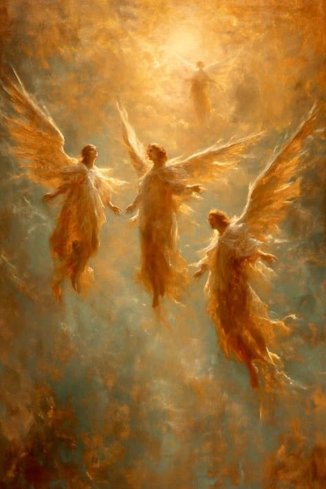 Angels Art Painting, Angels Painting Aesthetic, Biblical Angel Painting, Angels Oil Painting, Beautiful Christian Paintings, Ancestors Artwork, Angel Painting Wallpaper, Heaven Art Aesthetic, Biblical Angels Art