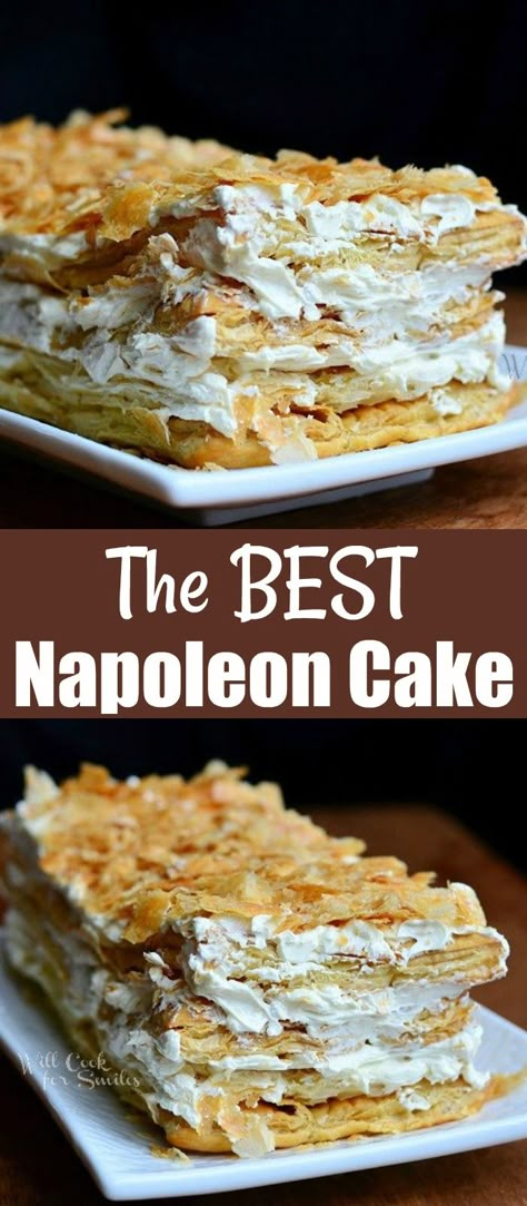 Italian Napoleon Dessert, Classic Napoleon Dessert, Russian Napoleon Cake Recipes, Napoleon Dessert Recipe, French Napoleon Dessert, Napolean Puff Pastry Recipe, Easy Napoleon Dessert, Puff Pastry Desserts Easy, Napoleon Cake Recipe