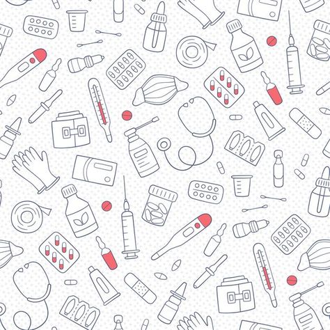 Seamless doodle pattern with medications... | Premium Vector #Freepik #vector #background #pattern #texture #medical Medical Pattern Design, Medical Project Ideas, Nursing Background Wallpaper, Medication Background, Nursing Background, Doctor Background, Nurse Background, Medicine Background, Background Medicine