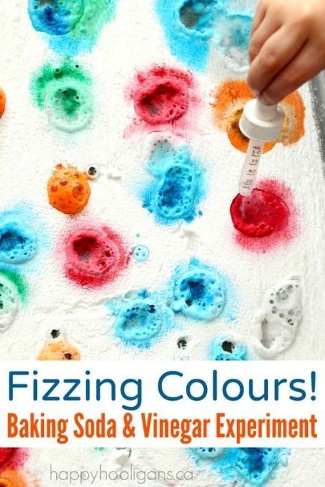 Fizzing Colours - A baking Soda and Vinegar Science Experiment for toddlers and preschoolers - Happy Hooligans Vetenskapliga Experiment, Toddler Science, Toddler Science Experiments, Science For Toddlers, Happy Hooligans, Baking Soda And Vinegar, Science Experiments For Preschoolers, Baking Soda Vinegar, Kid Experiments