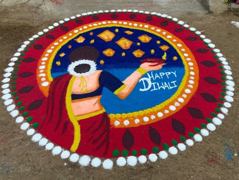 Lady Holding Diya Rangoli, Rangoli Designs Mandala, Best Rangoli For Diwali, Cousins Funny, Ganpati Rangoli, Mandir Decoration, File Decoration, Diwali Design, Easy Rangoli Designs Videos