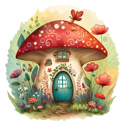 Fairy House Drawing, Akvarel Illustration, Mushroom Paint, Desain Buklet, Mushroom Drawing, Mushroom Fairy, Mushroom House, House Illustration, Mushroom Art