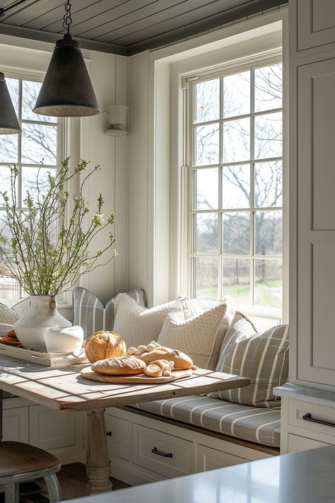 40+ Farmhouse Breakfast Nook Ideas for Cozy Mornings Bay Window In Kitchen Ideas, Kitchen Breakfast Nooks Bay Windows, Farmhouse Kitchen With Breakfast Nook, Country Breakfast Nook, Log Cabin Breakfast Nook, Rustic Breakfast Nook, Breakfast Nook Ideas Bay Window, Breafast Nook With Storage, Kitchen With Breakfast Nook