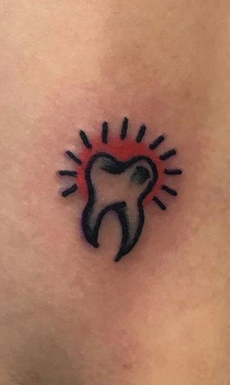 Traditional Tattoo Tooth, Kitten Tattoo, Tooth Tattoo, Traditional Tattoo Old School, Funky Tattoos, Party Tattoos, Stick N Poke Tattoo, Red Ink Tattoos, Spooky Tattoos