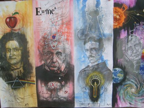 Newton, Einstein, Tesla, Hawking by frank3nst31n.deviantart.com on @DeviantArt Einstein Project, Erwin Schrödinger, Moebius Art, Nicolas Tesla, Astronaut Wallpaper, School Wall Art, Happy Images, Science Illustration, Indie Drawings