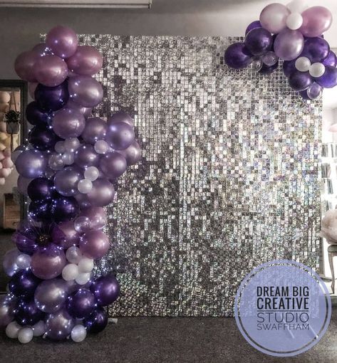 Shimmer wall set up with purple balloons Purple And Silver Decorations, Birthday Wall Decoration, Shimmer Wall Backdrop, Christmas Party Backdrop, Purple Wall Decor, Sequin Wall, Birthday Vibes, Balloon Background, Sequin Backdrop