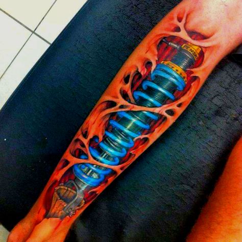 Shock tattoo Shock Absorber Tattoo, Shock Tattoo, Mechanical Heart, Rip Tattoo, Biomechanical Tattoo, Body Modification, Body Modifications, Tattoo Idea, Shock Absorber