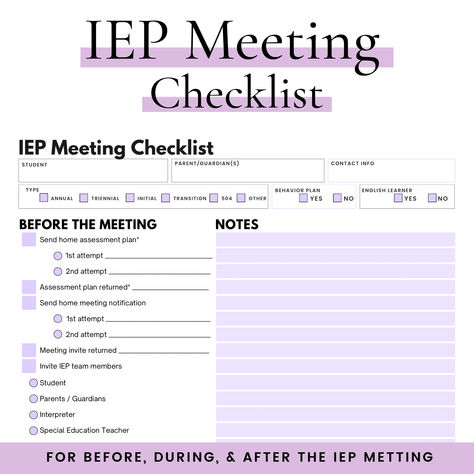 iep meeting checklist for special education teachers Iep Checklist, Iep Writing, Iep Meeting Checklist, Speech Classroom, Speech Teletherapy, Iep Organization, Special Education Organization, Special Education Law, Middle School Special Education