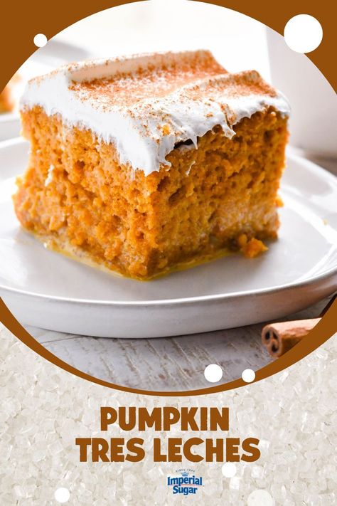 Move over pie, there is a new pumpkin superstar in town! This Pumpkin Tres Leches is a light homemade pumpkin cake soaked in four kinds of milk and topped with whipped cream. A delicious seasonal spin on a classic tres leches. For more bread and muffin recipes and ideas visit ImperialSugar.com and pin your favorites! Made this recipe? Show us! #imperialsugar #easyfalldesserts #pumpkinrecipes #treslechescake Tres Leches Pumkin, Pumpkin Tres Leches Cake Recipe, Pumpkin Tres Leches, Pumpkin Tres Leches Cake, Tres Leches Recipe, Moist Vanilla Cupcakes, Moist Apple Cake, Apple Crumb Cakes, Tres Leches Cake Recipe