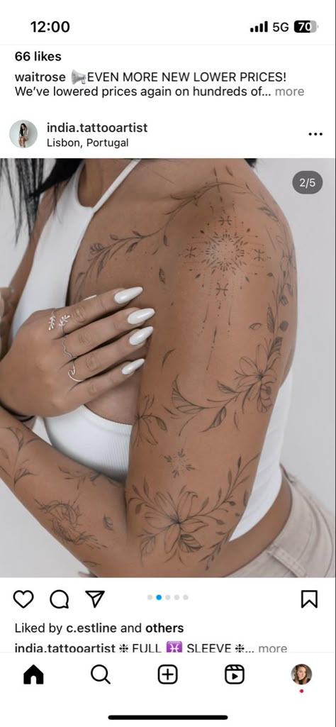 Full Arm Minimalist Tattoo, Dainty Full Sleeve Tattoo, Boho Shoulder Tattoos For Women, Elegant Patchwork Tattoos, Upper Arm Line Tattoos For Women, Full Sleeve Floral Tattoos Women, Fineline Forearm Tattoo Women, Earthy Sleeve Tattoo, Feminine Arm Sleeve