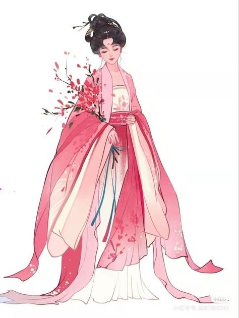 Ancient Chinese Clothing Drawing, Ancient Clothes Drawing, Flower Inspired Dress Illustration, Chinese Hanfu Drawing, Chinese Kimono Traditional, Chinese Traditional Clothing Drawing, Chinese Traditional Drawing, Hanfu Drawing Reference, Chinese Traditional Dress Drawing