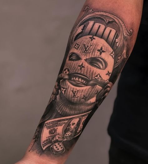 Gangsters Tattoo, Chicano Tattoos Gangsters, Tattoo Gangster, Ski Mask Tattoo, Computer Tattoo, Money Bag Tattoo, Unique Hand Tattoos, Gangster Tattoo, Arm Tattoos For Guys Forearm