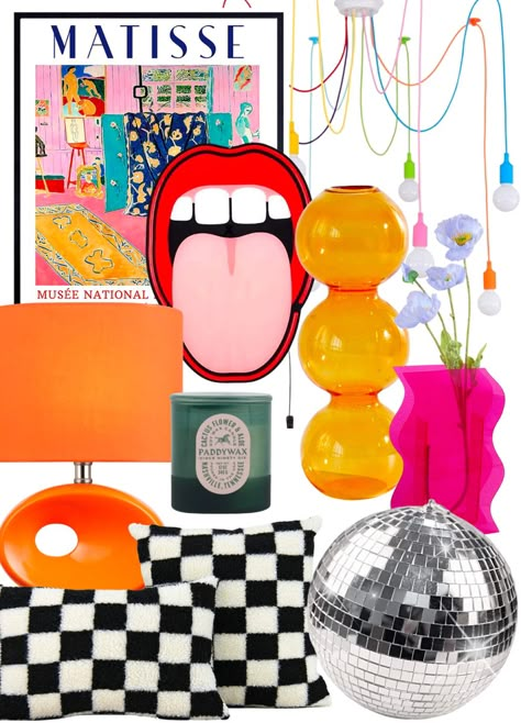 Black and white checkered throw pillows, pink vase, orange bubble vase, disco ball, green candle, neon sign, lips decor, Matisse print, orange lamp, colorful decor, eclectic aesthetic. Unique Eclectic Decor, Funky Unique Decor, Eclectic Spare Bedroom, Budget Maximalism, Funky Home Decor Living Room, Aesthetic Room Decor Colorful, Floating Shelves Maximalist, Disco Room In House, Disco Powder Room