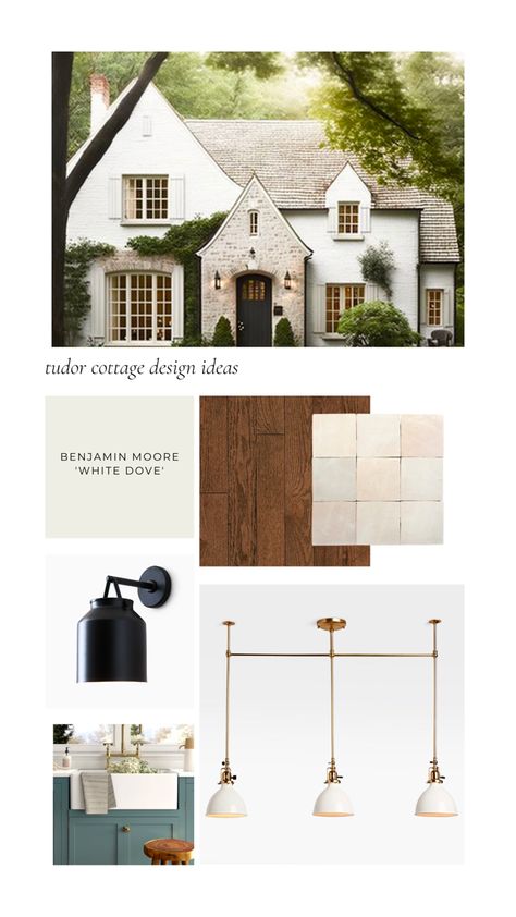 Tudor style cottage fixer upper design ideas design mood board New Tudor Style Homes, White Brick Tudor House Exterior, Traditional Tudor House, Timeless Cottage Exterior, Tudor Renovation Exterior, Modern Tudor Style Homes Exterior, Stone Tudor Cottage, Tudor Craftsman House, Modern English Tudor Exterior