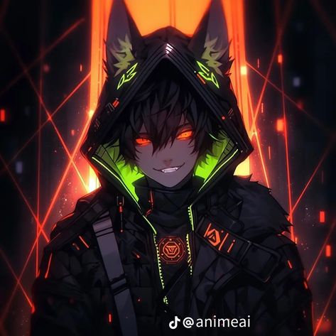 Wolf Hoodie With Ears, Orange Glowing Eyes, Black And Orange Background, Emo Boy Anime, Toothy Grin, Wolf Hoodie, Orange Highlights, Wolf Ears, Glowing Eyes