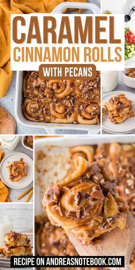 Learn how to make these easy leavened caramel pecan cinnamon rolls. Fluffy dough with sticky caramel sauce and toasted pecans make the best caramel cinnamon rolls. Made from scratch with yeast, these leavened cinnamon rolls have an easy caramel sauce on top making them sticky and delicious. Add pecans or your favorite nuts. Sticky buns are a favorite breakfast recipe. Caramel Walnut Cinnamon Rolls, Pecan Cinnamon Rolls Recipe, Caramel Pecan Cinnamon Rolls, Caramel Cinnamon Rolls, Roll Desserts, Brunch Casseroles, Easy Caramel Sauce, Caramel Pecan Sticky Buns, Caramel Sticky Buns