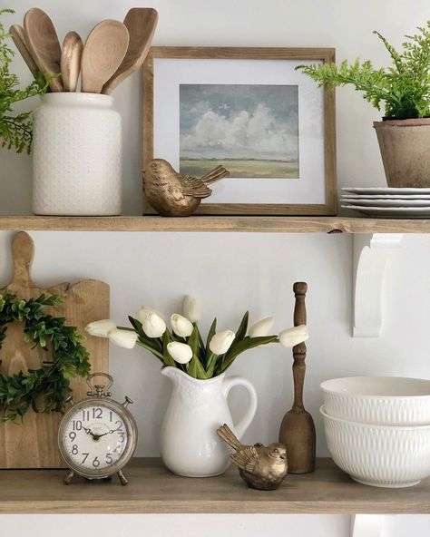 Lindsay | Country Girl Home on Instagram: “Hello my friends!👋🏼 Are you all surviving being at home all the time? To be totally honest we’ve actually been having a good time. I love…” Floating Shelves In Kitchen, Vintage Kitchen Shelf, Kitchen Spring Decor, Kitchen Shelf Inspiration, Kitchen Shelf Decor Ideas, Modern Vintage Kitchen, Country Girl Home, Farmhouse Addition, Kitchen Floating Shelves