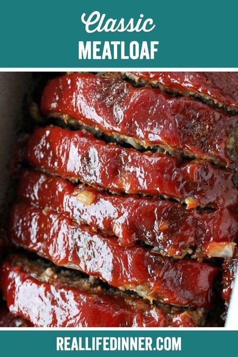 Classic and comforting meatloaf recipe...just like mom used to make. mmm, mmm, mmm! ~ https://reallifedinner.com Meatloaf Recipes Easy Beef, Mom's Meatloaf Recipe, Quick Meatloaf Recipes, The Best Meatloaf Recipe, Ground Beef Meatloaf, Traditional Meatloaf Recipes, Beef Meatloaf Recipes, Best Meatloaf Recipe, Keto Ground Beef Recipes