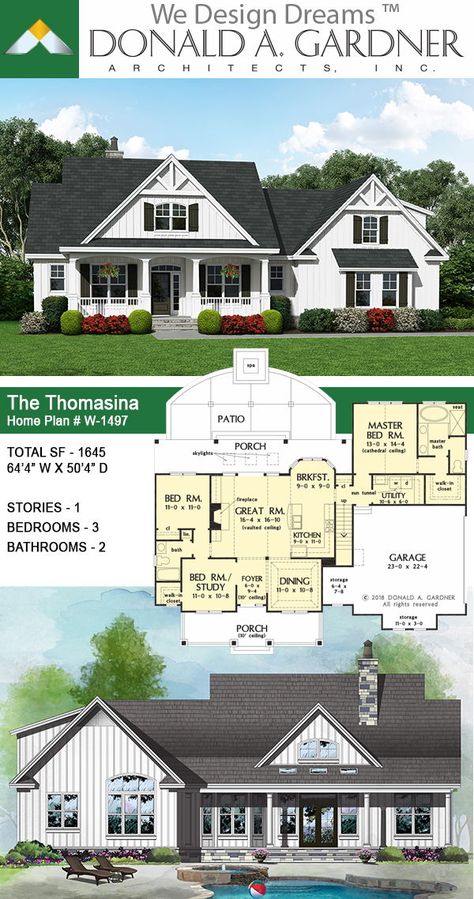 The Thomasina house plan 1497! This quintessential modern farmhouse features a white board-and-batten exterior with contrasting dark shutters and roof. A welcoming front porch leads to an open floor plan.  1645 sq ft | 3 Beds | 2 Baths  #wedesigndreams #dongardnerarchitects #architecture #architect #modernfarmhouse #farmhouse #urbanfarmhouse #smallhouse #smallhome #onestoryhouse #houseplan #homeplan #dreamhouse #dreamhome #floorplans #newhome #newhouse Farmhouse Rambler Floor Plans, Modern Farmhouse Plans 1800 Sq Ft, 1900 Sq Ft House Plans Open Floor, Farmhouse Plans Under 2000 Sq Ft, 2000 Square Foot House Plans Open Floor, 1600 Sq Ft House Plans Open Floor, Small Modern Farmhouse Plans, Small Farmhouse Plans, Retirement House Plans