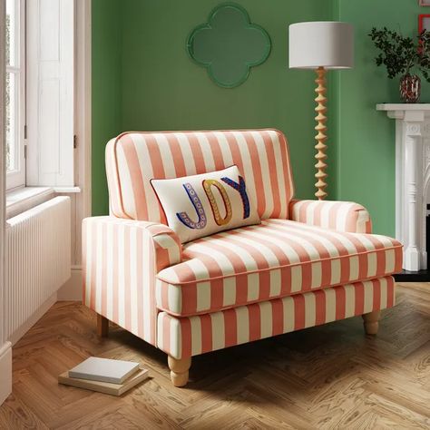 Beatrice Woven Stripe Snuggle Chair | Dunelm Office Front Room, Snuggle Sofa, Conservatory Interiors, Furniture For Dining Room, Striped Armchair, Colourful Bedroom, Snuggle Chair, Cosy Sofa, Living Room Vibes