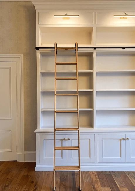 Built In Bookshelves Ladder, Office Built Ins With Ladder, Built In Bookcase With Ladder Library Wall, Built In Bookshelf With Ladder, Ladder Bookshelf Bar, Wall Bookshelf With Ladder, High Ceiling Library Bookshelves, Library Room Ladder, Book Shelves Dimensions