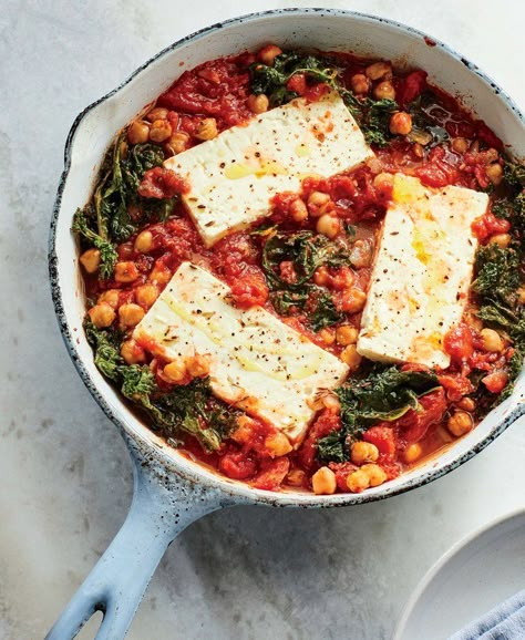 David Tamarkin's Baked Feta with Chickpeas and Greens Chris Morocco, Easy Tomato Sauce, Mark Bittman, Baked Feta, Weeknight Dinner Recipe, Idee Pasto Sano, Dinner Recipe, Vegetarian Dishes, Weeknight Dinner