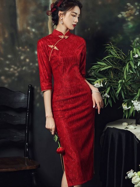 Red Cheongsam Dress, Red Cheongsam, Wedding Qipao, Qipao Wedding, Red Qipao, Chinese Wedding Dress, Tea Length Wedding, Qipao Cheongsam, Long Red Dress