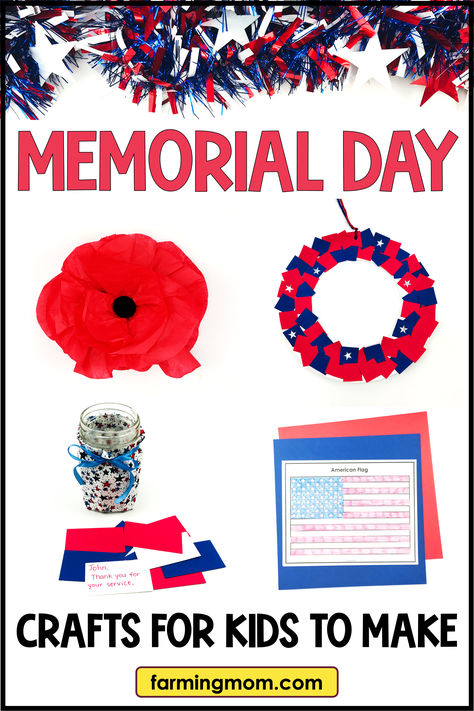 Celebrate Memorial Day with these easy and fun crafts for kids. These crafts teach children about the significance of Memorial Day and honor our American heroes. Create a poppy craft to remember fallen soldiers with simple materials like tissue paper. Craft a patriotic wreath with red, white, and blue paper. Color and make an American flag with the template, and more! These fun and easy Memorial Day crafts are great for making decorations for your home, classroom, and Memorial Day party. Easy Memorial Day Crafts, Memorial Day Crafts For Kids, Memorial Day Crafts, Poppy Crafts, Memorial Day Party, Making Decorations, Poppy Craft, Tissue Paper Craft, Memory Jars