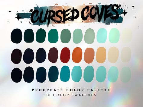 Cursed Coves Color Palette For Procreate This color palette contains 30 color swatches to use in Procreate App. These colors were handpicked and were inspired by haunted Halloween themes. ⭐️ || YOU WILL RECEIVE || ⭐️ 1 x Procreate Palette Instructions 1 x JPG file with all swatches 1 x Cursed Coves Color Palette for Procreate || .swatches file ⭐️ || HOW TO USE || ⭐️ 1. You will receive an email after you complete checkout with a link to download the files. 2. You can also log into your Etsy acco Procreate Swatches, Procreate Palettes, Color Palette Procreate, Halloween Color Palette, Procreate Palette, Procreate Color Palette, Halloween Color, Hex Color Palette, Color Palette Challenge