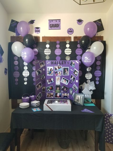 Purple Black And White Graduation Party Ideas, Purple Black And Silver Graduation Party, Purple Black And Gold Graduation Party, Graduation Party Ideas Purple And Gold, Purple Graduation Party Ideas Decoration, Black And Purple Graduation Party Ideas, Purple And White Graduation Party, Purple Gold Graduation Party Ideas, Purple And Yellow Graduation Party