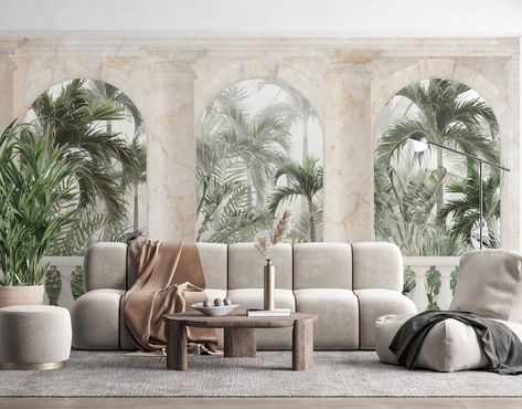 Ancient Roman Columns Wallpaper. Ancient Greek Botanical Wallpaper. Forest Landscape Mural. Easy Removable Mural. Ancient Arches Wallpaper. #boho #wallpaper #etsywallpaper #mural #murales #bohemianwalldecor #tropicalwallpaper #homedecoration #ancient #greek #roman #murales #tropicalmural #etsy #easyremovable Wallpaper Ancient Greek, Ancient Greek Garden, Columns Wallpaper, Arches Wallpaper, Premium Wallpaper, Marble Detail, Tree Mural, Roman Columns, Wallpaper Uk