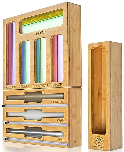 Maxpray Storage Bag Organizer Plastic Wrap Dispenser with Cutter, 9 IN 1 Bamboo Foil and Plastic Wrap Organizer for Kitchen Drawer or Pantry, Storage Bags Storage Baggie Organizer for Sandwich Snack Organizing Foil And Plastic Wrap, Amazon Kitchen Organization, Baggie Organizer, Pantry Food Storage, Wrap Dispenser, Plastic Wrap Dispenser, Home Pantry, Wood Organizer, Storage Bag Organizer