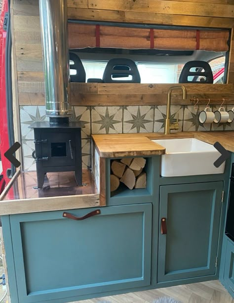 Tiny Home Camper Ideas, Cedar Van Interior, Diy Small Camper Remodel, Van Kitchen Ideas, Rv Wood Stove, Living In An Rv, Tiny House Camper, Van Conversion Interior, Diy Camper Remodel