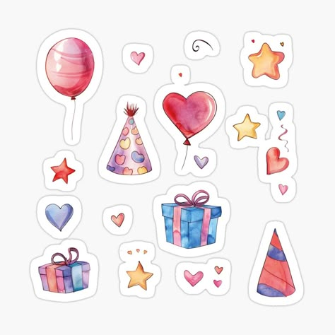 Get my art printed on awesome products. Support me at Redbubble #RBandME: https://www.redbubble.com/i/sticker/Birthday-Heart-Balloons-Gifts-Party-Hat-Stars-Collage-Bundle-by-dalia53/159158602.EJUG5?asc=u Happy Birthday Scrapbook Stickers, Birthday Journal Stickers, Birthday Stickers Aesthetic, Birthday Heart Balloons, Stars Collage, Birthday Heart, Stickers Aesthetic, Watercolor Birthday, Birthday Scrapbook