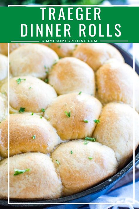 Make these buttery, soft dinner rolls in cast iron skillet on your Traeger! Perfect for the holiday table! #rolls #traeger Blue And White Table Cloth, Smoked Dishes, Smoker Grill Recipes, Soft Dinner Rolls, Traeger Cooking, Smoker Ideas, Gingerbread Recipes, Smoked Recipes, Smoker Cooking