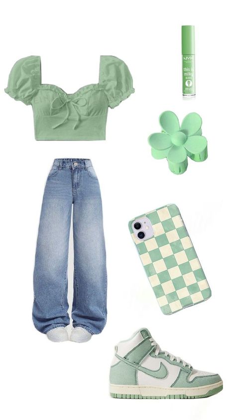 Cute Mint Green Outfit💚 Ootd Mint, Mint Green Outfits, Green Top Outfit, Mint Sandals, Blue Pants Outfit, Mint Outfit, Mint Green Shirts, Outfit Collage, Sandals Outfit