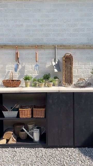 Garden Potting Station, Gardening Forks, Planting Bench, Exterior Wood Paint, Potting Bench Ideas, Potting Station, Garden Station, Stone Plant, Patio Slabs