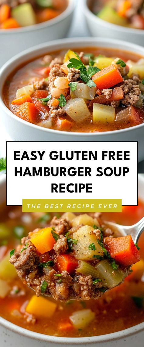 Image for Easy Gluten Free Hamburger Soup Recipe Gluten Free Vegetable Soup Recipes, Hamburger Freezer Meals, Veg Beef Soup, Gluten Free Soups, Hamburger Soup Recipe, Gluten Free Hamburger, Gluten Free Vegetables, Dairy Free Soup, Hamburger Soup