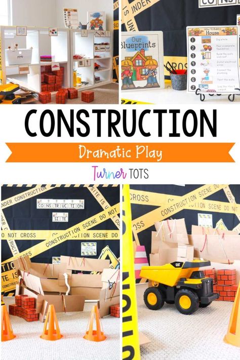 Let’s build the perfect construction site dramatic play area for your preschoolers! This bundle of dramatic play materials includes all of the printables you need to jump-start setting up your construction dramatic play area. Blueprints, road plans, ‘how to build’ activities, construction tools, and vehicle printables are all included in this extensive bundle. Click to get everything you need to create your construction dramatic play center right at your fingertips! Buildings Dramatic Play Preschool, Construction Kids Activities, Construction Dramatic Play Preschool, Construction Area Ideas, Construction Dramatic Play, Construction Unit, Construction Invitations, Dramatic Play Center, Summer Themes