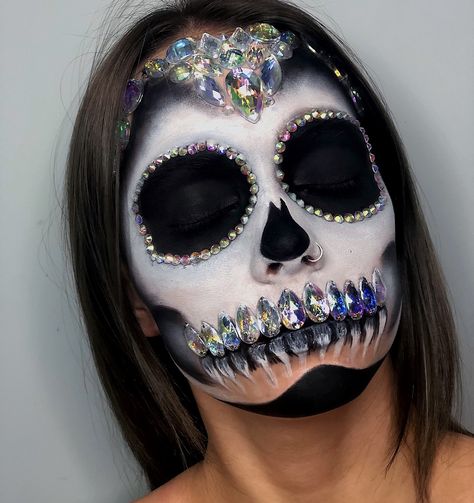 Spx Makeup, Sugar Skull Makeup Tutorial, Skull Face Makeup, Skull Face Paint, Rhinestone Skull, Halloween Post, Sugar Skull Makeup, Halloween Makeup Tutorial, Face Painting Halloween