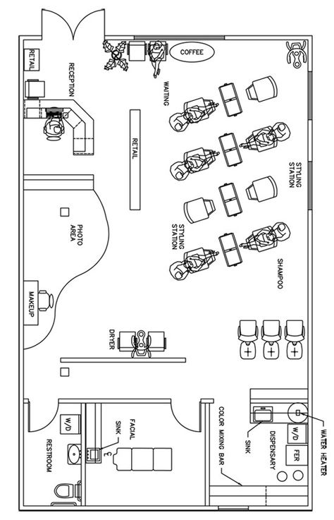 Salon Floor Plan Design Layout - 1390 Square Feet @RG P Full Service Salon Layout, Salon Designs Layout, Salon Interior Design Layout, Tattoo Shop Floor Plan, Free Standing Salon Station Ideas, Small Salon Layout Floor Plans, Salon Blueprint Layout, Salon Floor Plan Design Layouts, Hair Salon Layout Ideas Floor Plans