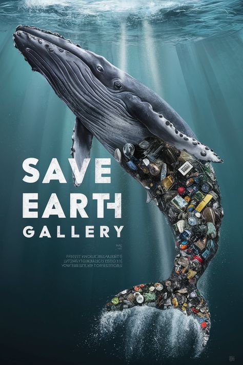 An awe-inspiring 3D render by white bold letters: 'Save Earth Gallery', showcasing a powerful statement about the devastating impact of human activity on marine life and the environment. A majestic whale emerges from the sea, its torso and head rendered with lifelike detail, while its tail is a harrowing mosaic of trash and debris—plastic bottles, cans, and more. This compelling artwork combines illustration, painting, typography, conceptual art, and wildlife photography to create a captivating Save The Ocean Posters Design, Save Marine Life Poster, Poster About The Environment, Environment Poster Ideas, Life Below Water Poster, Save Wildlife Poster Ideas, Environment Poster Design, Environment Collage, Save Electricity Poster