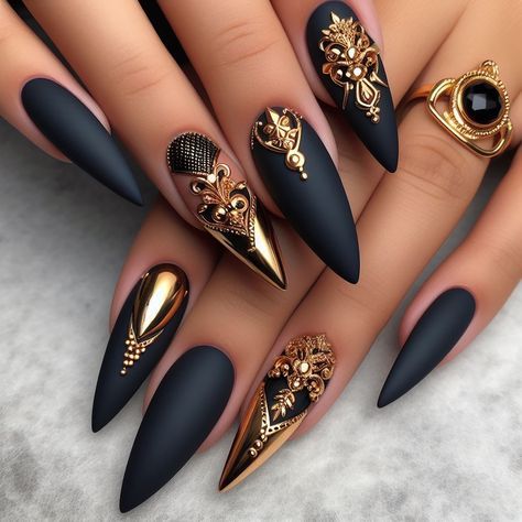 Vanessa Nails, Boujee Nails, Black Gold Nails, Matte Black Nails, Blush Nails, Nails Fashion, Black Nail Designs, Nail Forms, Foil Nails