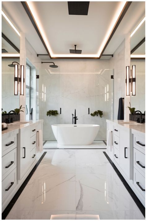 Modern bathroom with white marble floors, double vanities, a freestanding bathtub, and glass-enclosed showers on either side. Luxury Bathroom Lighting, Black And White Master Bath Ideas, Modern Luxury Bathroom Marble, Luxury Vanity Ideas Bathroom, Dream Bathrooms Luxury Master Bath, White Luxury Bathroom, Black And White Marble Bathroom, Big Bathroom Design, Master Bathrooms Luxury