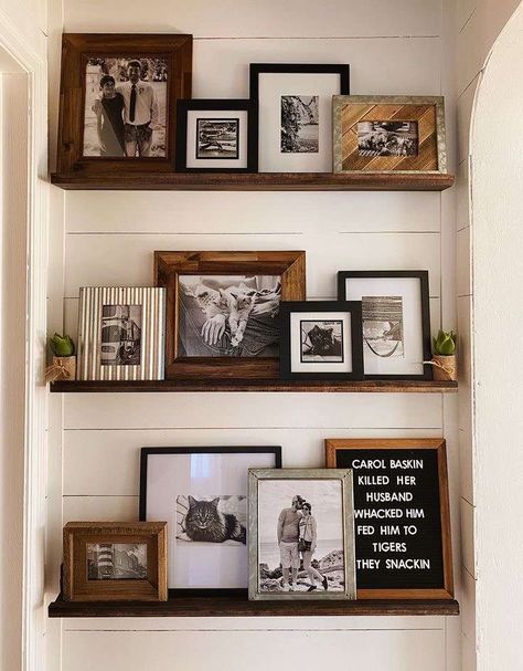 Ledge Shelves, Farmhouse Gallery Wall, Hallway Makeover, Family Photo Wall, Picture Shelves, Gallery Wall Living Room, Picture Ledge, Diy Picture, Home Decor Inspiration