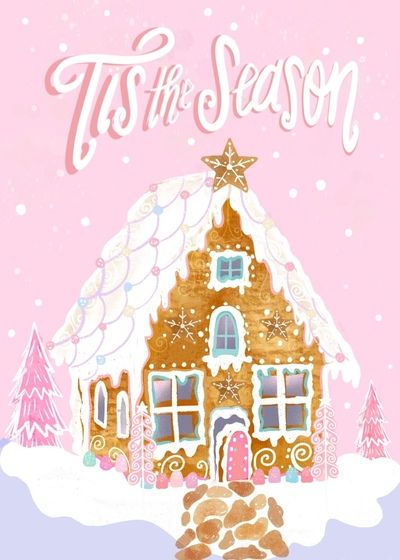 Gingerbread House Background, Pink Christmas Illustration, Xmas Illustration Design, Christmas Cards Pink, Christmas Widgets, Christmas Wall Prints, Christmas Lockscreen, Pink Gingerbread, A Pink Christmas