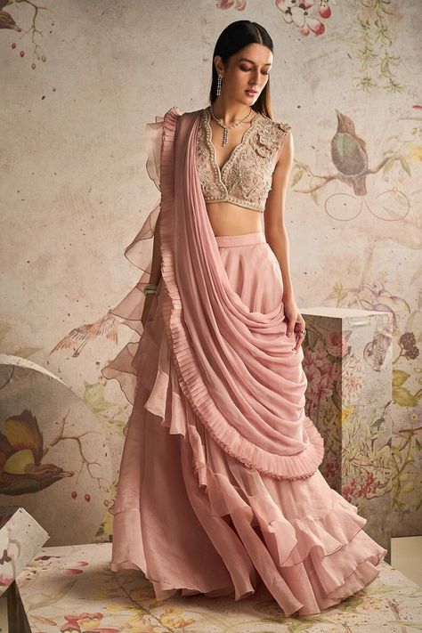 Buy Pre-drape Ready to Wear Organza Ruffle Saree With Simple Same Online in India - Etsy Organza Ruffle Saree, Organza Sharara, Ridhi Mehra, Ruffle Saree, Embroidered Crop Tops, Drape Saree, Ruffle Fabric, Ready To Wear Saree, Sharara Set