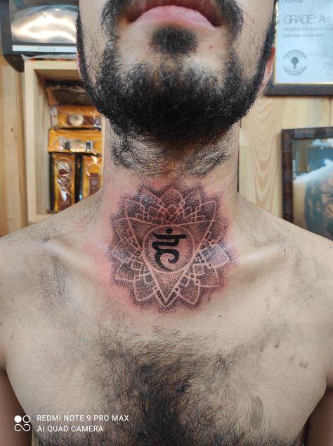 Neck Chakra Tattoo, Throat Chakra Neck Tattoo, Larynx Tattoo, Vishuddha Tattoo, Throat Chakra Tattoo, Neck Tats, Body Markings, Vishuddha Chakra, Chakra Tattoo